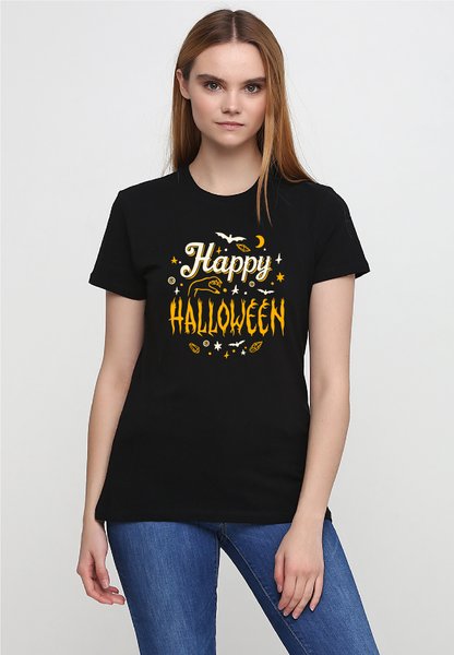 Футболка женская черная с принтом "Счастливого Хеллоуина" 160404PB_Happy Halloween_XL фото