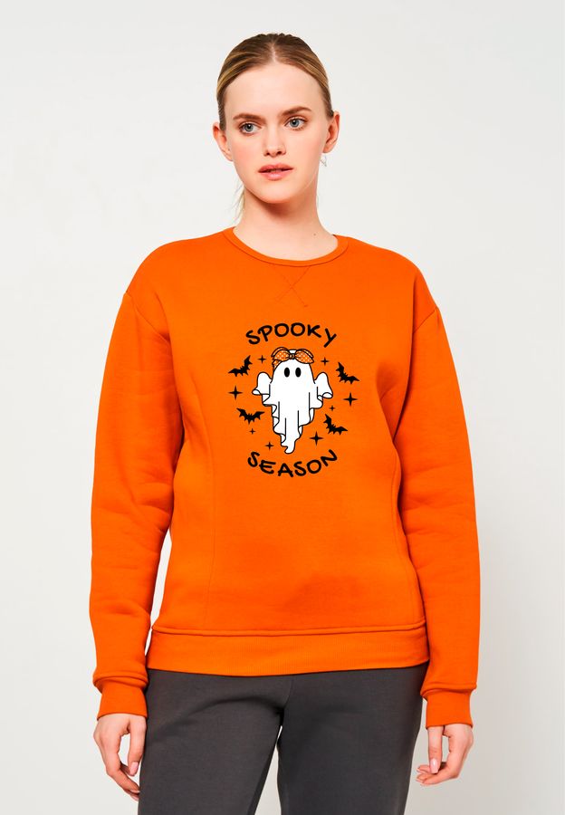 Свитшот женский утепленный оранжевый с принтом "Spooky season" 230411P_mango_Spooky season фото