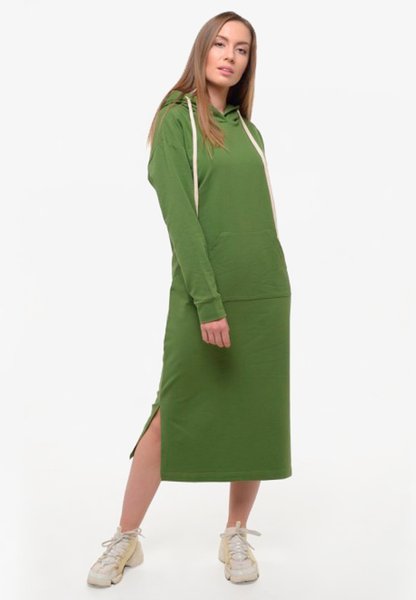 Сукня жіноча довга з довгим рукавом та капюшоном оливкова 210502 фото