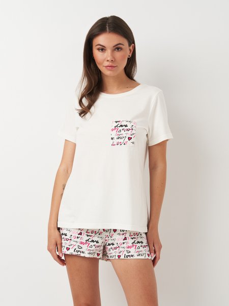 Піжамний комплект жіночий молочного кольору футболка та шорти 240224 фото