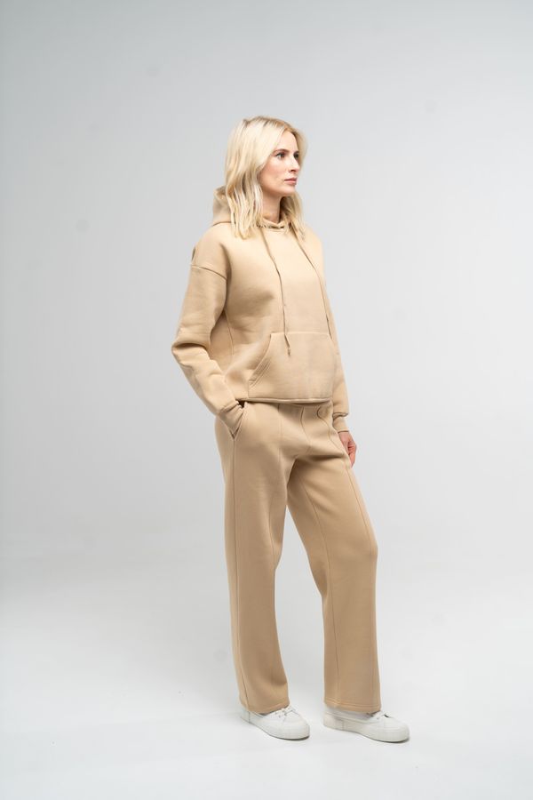 Костюм женский утепленный худи и прямые штаны бежевого цвета 230712 фото