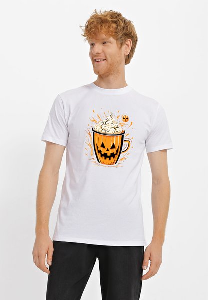 Футболка мужская белая с принтом "Хеллоуин кофе" 170201PW_Halloween coffee_3XL фото