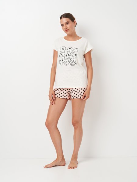 Пижама женская летняя футболка и шорты молочного цвета 240225 фото