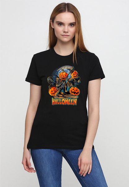 Футболка женская черная с принтом "Тыква с косой" 160404PB_Halloween pumpkin with scythe_XL фото
