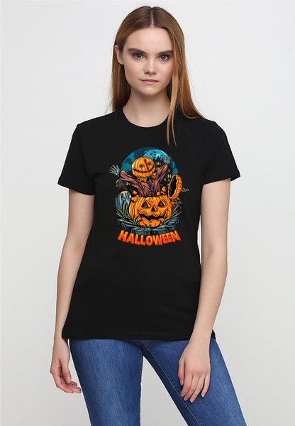 Футболка жіноча чорна з принтом "Пугало та гарбуз" 160404PB_Halloween scarecrow and pumpkin_XL фото