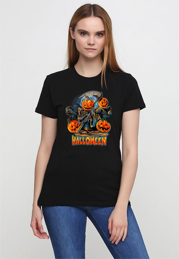 Футболка жіноча чорна з принтом "Гарбуз з косою" 160404PB_Halloween pumpkin with scythe фото
