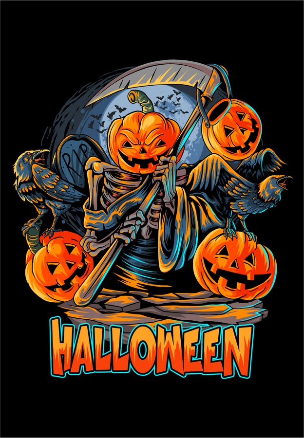 Футболка жіноча чорна з принтом "Гарбуз з косою" 160404PB_Halloween pumpkin with scythe фото