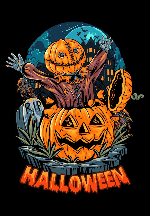 Футболка жіноча чорна з принтом "Пугало та гарбуз" 160404PB_Halloween scarecrow and pumpkin фото