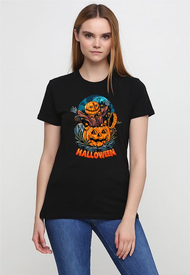 Футболка жіноча чорна з принтом "Пугало та гарбуз" 160404PB_Halloween scarecrow and pumpkin фото