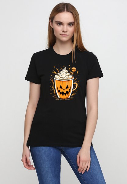 Футболка женская черная с принтом "Хеллоуин кофе" 160404PB_Halloween coffee_2XL фото
