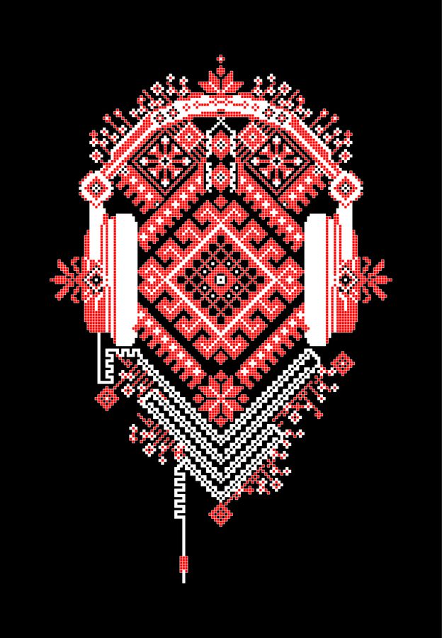 Футболка жіноча чорна з принтом "Вишиванка з навушниками" 160404PB_Vyshyvanka with headphones_XL фото
