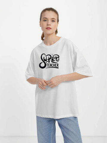 Футболка жіноча оверсайз біла з принтом "Super teacher" 211204PW_Super teacher фото